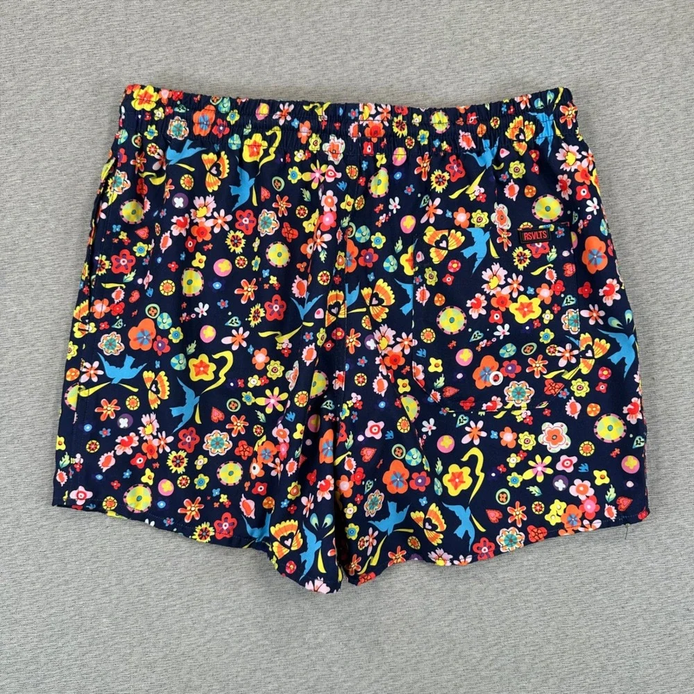 RSVLTS Swim Trunks Mens S Navy Blue Floral Bird Print Quick Dry Stretch Shorts